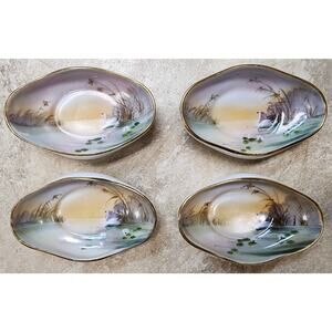 Set of 4 Vintage Hand Painted Nippon Nut Bowls – Gold Rim & Swan On Water Scene